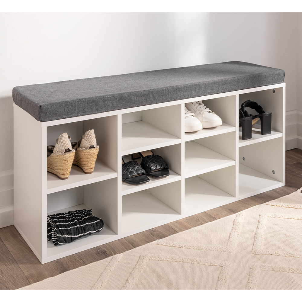 Banca pentru hol cu pantofar si 10 compartimente pentru organizarea incaltamintei, sezut confortabil cu perna inclusa, design modern si compact pentru hol sau dressing, 102x30x49 cm, alb - imagine 8