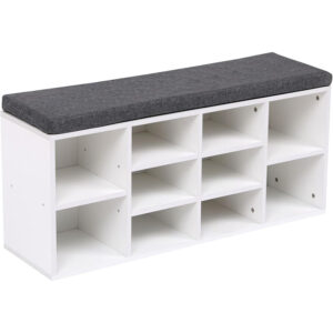 Banca pentru hol cu pantofar si 10 compartimente pentru organizarea incaltamintei, sezut confortabil cu perna inclusa, design modern si compact pentru hol sau dressing, 102x30x49 cm, alb