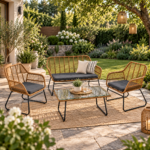 Set mobilier de gradina 7 piese din ratan PE rezistent la intemperii, cu canapea 2 locuri, fotolii, masa si perne de sezut incluse, design modern si usor de intretinut, ideal pentru terasa sau balcon, gri
