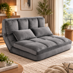 Canapea de podea extensibila 2 in 1, transformabila in pat pentru relaxare si dormit, spatar reglabil in 7 pozitii si tetiera ajustabila in 5 pozitii, tapiterie moale din catifea, cadru din otel, suprafata de dormit 102x167 cm, gri inchis