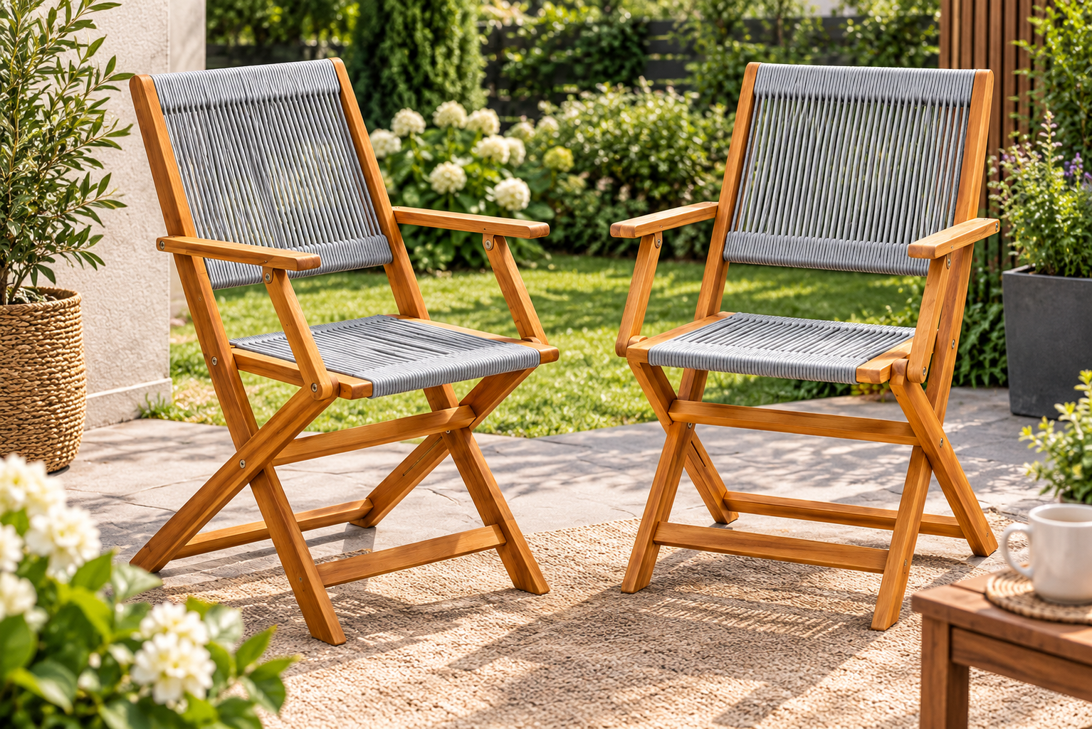 Set 2 scaune pliabile de gradina Sydney, cadru din lemn de salcam si sezut cu spatar din franghie paracord pentru confort si ventilatie, depozitare compacta pentru economisirea spatiului, capacitate 120 kg, 55x62x89 cm, natur - imagine 3