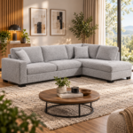 Canapea de colt pentru living, sezut generos cu adancime de pana la 166 cm pentru relaxare, spatar confortabil captusit, tapiterie textila placuta la atingere, picioare din lemn masiv, 308x207x91 cm, gri deschis