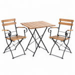 Set mobilier bistro pliabil pentru gradina, terasa si balcon, 3 piese, masa 70x70 cm si 2 scaune, structura rezistenta din otel si lemn de salcam, design compact pentru depozitare usoara, masa 70x70x73 cm