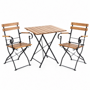 Set mobilier bistro pliabil pentru gradina, terasa si balcon, 3 piese, masa 70x70 cm si 2 scaune, structura rezistenta din otel si lemn de salcam, design compact pentru depozitare usoara, masa 70x70x73 cm