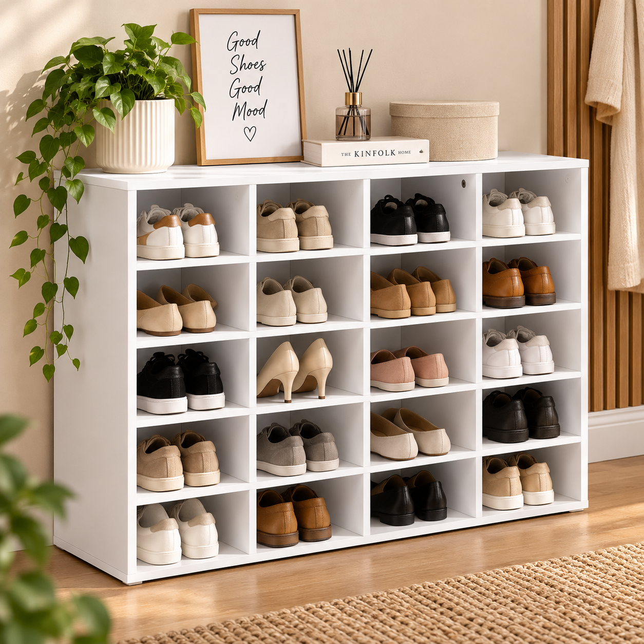 Pantofar model L cu compartimente individuale pentru depozitarea a pana la 20 perechi de pantofi, organizator practic pentru hol si dressing, acces usor la incaltaminte, 92x67x33 cm, alb - imagine 3