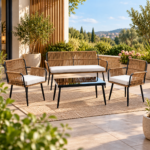 Set mobilier de gradina Marry pentru relaxare pe terasa sau balcon, 7 piese, cu structura din aluminiu pentru rezistenta, perne de 8 cm pentru confort sporit, impletitura decorativa din sfoara, maro