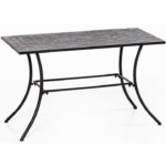 Masa de gradina dreptunghiulara cu blat decorativ din mozaic cu aspect de piatra naturala, cadru metalic din fier vopsit pentru stabilitate si rezistenta, 120x60x75 cm, negru si tonuri naturale