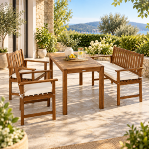 Set mobilier de gradina pentru servirea mesei si relaxare in aer liber, 7 piese din lemn de salcam, cu masa spatioasa pentru terasa, banca si scaune cu perne pentru confort sporit, maro si alb