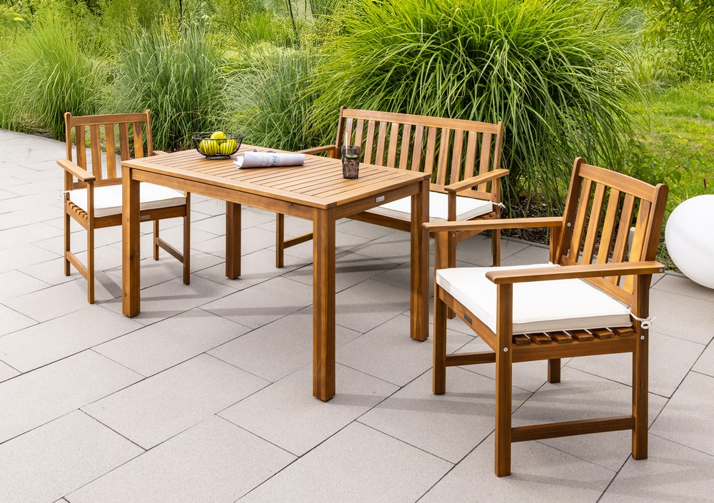 Set mobilier de gradina pentru servirea mesei si relaxare in aer liber, 7 piese din lemn de salcam, cu masa spatioasa pentru terasa, banca si scaune cu perne pentru confort sporit, maro si alb - imagine 2