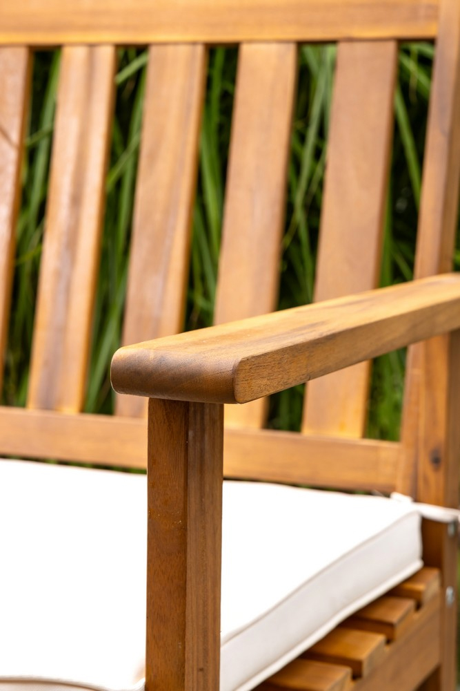 Set mobilier de gradina pentru servirea mesei si relaxare in aer liber, 7 piese din lemn de salcam, cu masa spatioasa pentru terasa, banca si scaune cu perne pentru confort sporit, maro si alb - imagine 3