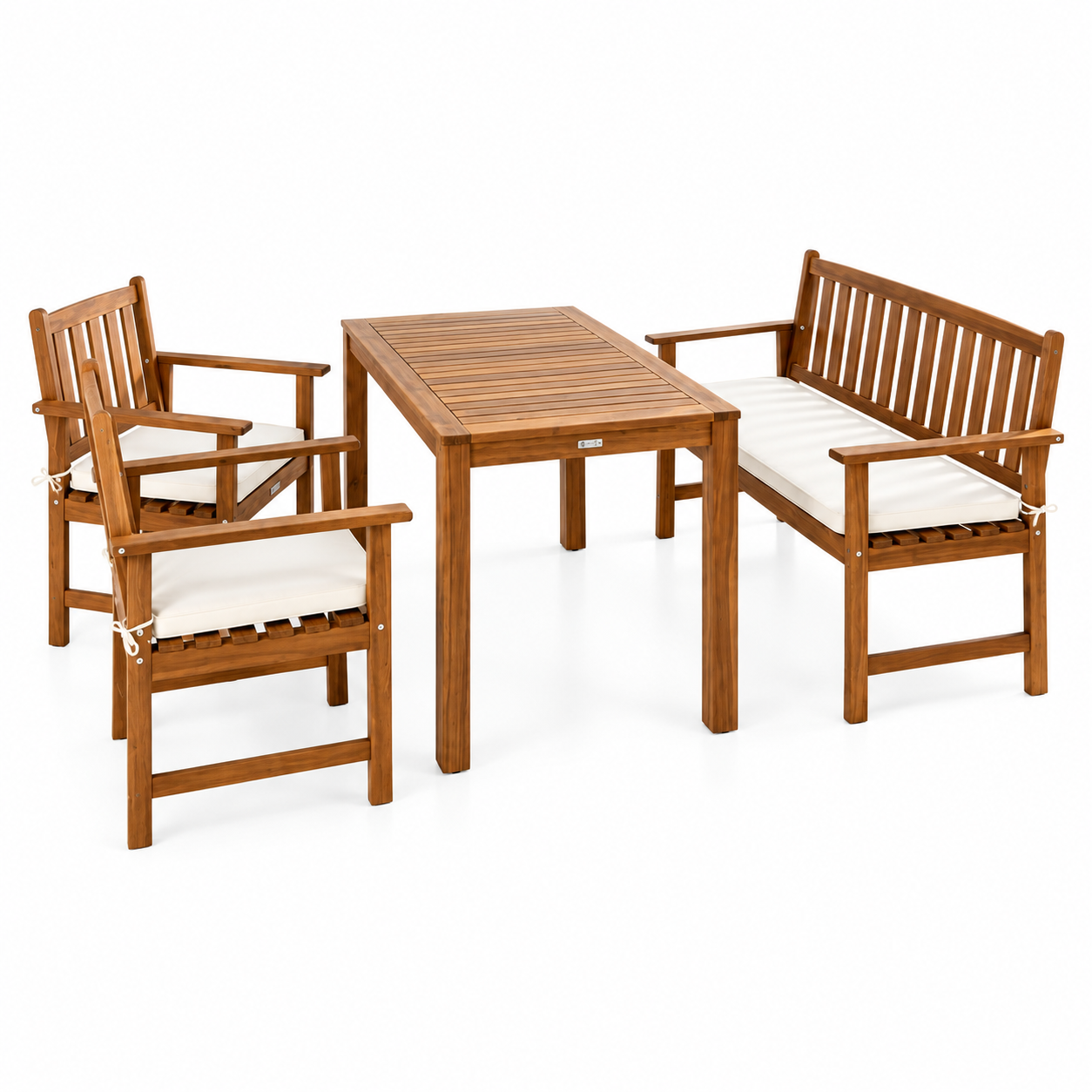 Set mobilier de gradina pentru servirea mesei si relaxare in aer liber, 7 piese din lemn de salcam, cu masa spatioasa pentru terasa, banca si scaune cu perne pentru confort sporit, maro si alb - imagine 4