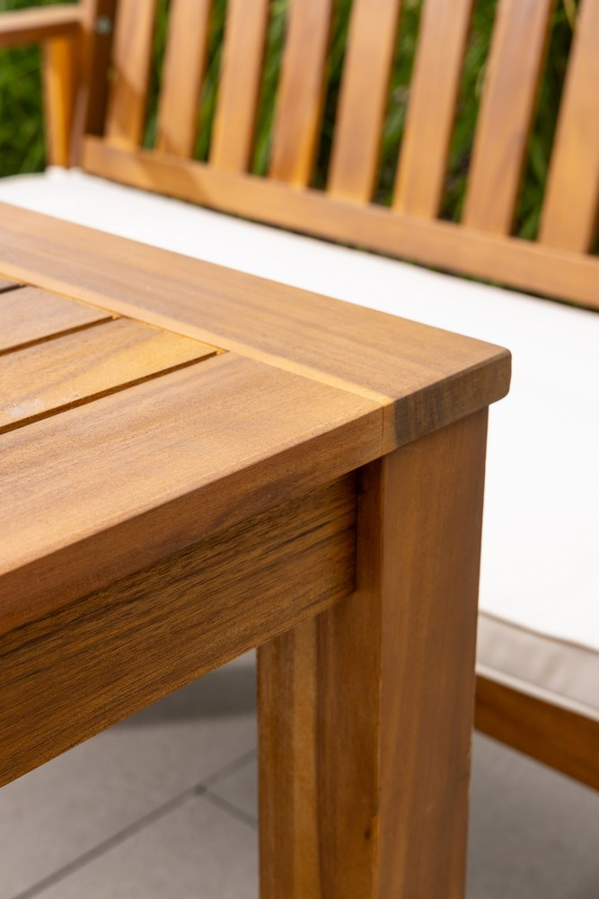Set mobilier de gradina pentru servirea mesei si relaxare in aer liber, 7 piese din lemn de salcam, cu masa spatioasa pentru terasa, banca si scaune cu perne pentru confort sporit, maro si alb - imagine 5