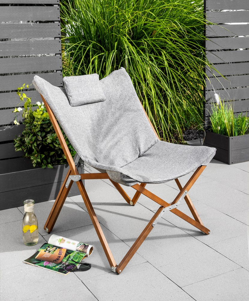 Scaun de gradina din lemn cu perna moale inclusa pentru confort sporit, cu sezut spatios si spatar pentru relaxare in aer liber, finisaj protector pentru durabilitate, ideal pentru gradina sau balcon, 82x74x95 cm, perna gri - imagine 2