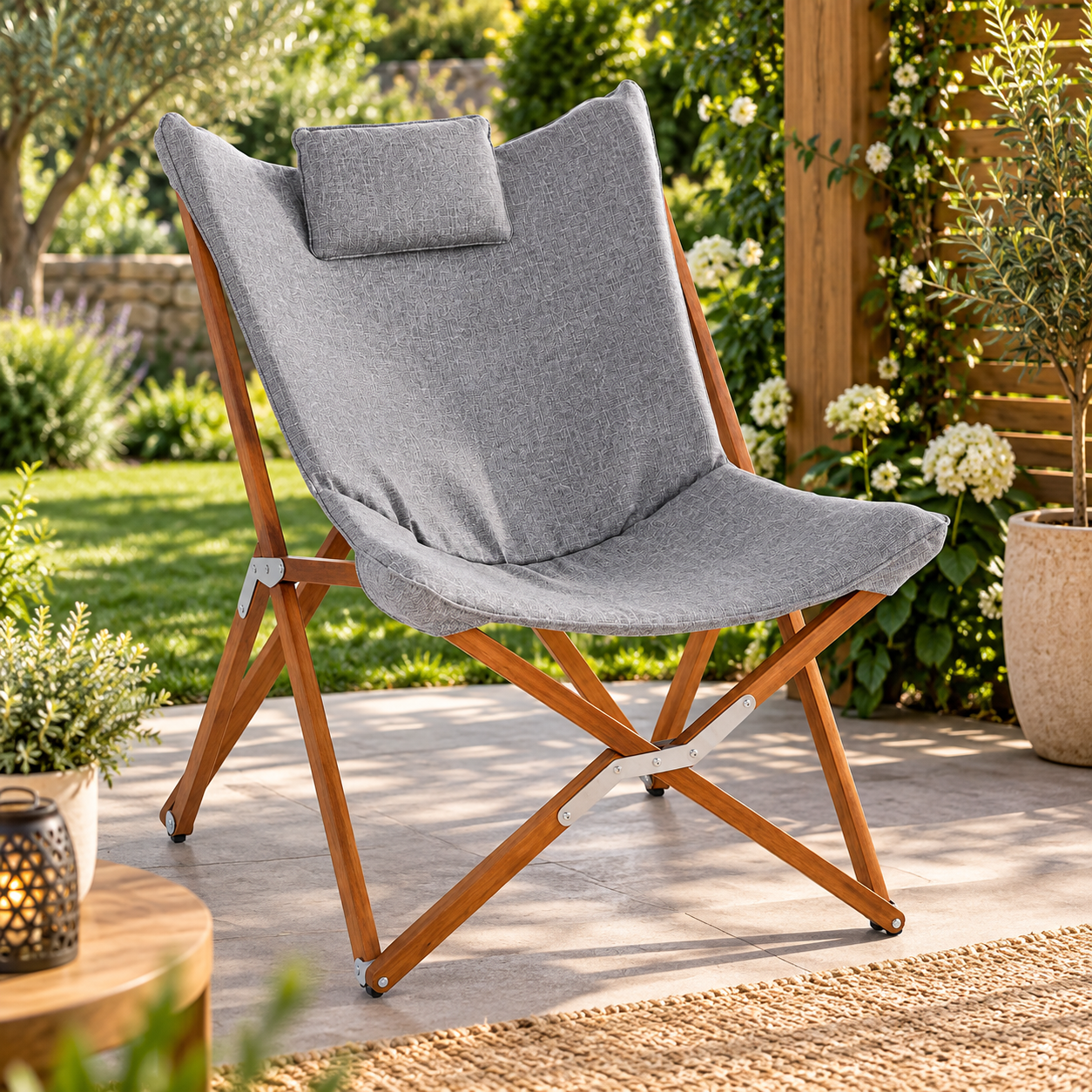 Scaun de gradina din lemn cu perna moale inclusa pentru confort sporit, cu sezut spatios si spatar pentru relaxare in aer liber, finisaj protector pentru durabilitate, ideal pentru gradina sau balcon, 82x74x95 cm, perna gri - imagine 6