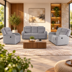 Set canapele relax electrice pentru living, 3+2+1 locuri, cu reglare prin buton pentru pozitie confortabila, suporturi pentru picioare ajustabile, port de incarcare lateral si tapiterie chenille, gri deschis