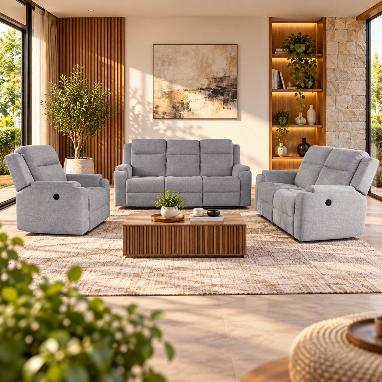 Set canapele relax electrice pentru living, 3+2+1 locuri, cu reglare prin buton pentru pozitie confortabila, suporturi pentru picioare ajustabile, port de incarcare lateral si tapiterie chenille, gri deschis