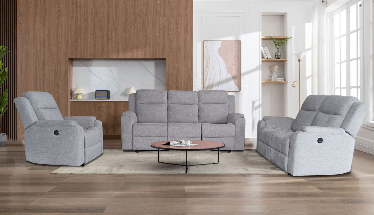 Set canapele relax electrice pentru living, 3+2+1 locuri, cu reglare prin buton pentru pozitie confortabila, suporturi pentru picioare ajustabile, port de incarcare lateral si tapiterie chenille, gri deschis - imagine 3