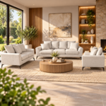 Set canapele pentru living modern, 3 piese si 6 locuri, cu tapiterie din catifea moale pentru confort, sezuturi din spuma cu elasticitate ridicata, perne incluse, picioare metalice, bej
