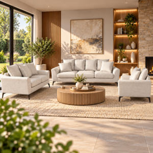 Set canapele pentru living modern, 3 piese si 6 locuri, cu tapiterie din catifea moale pentru confort, sezuturi din spuma cu elasticitate ridicata, perne incluse, picioare metalice, bej