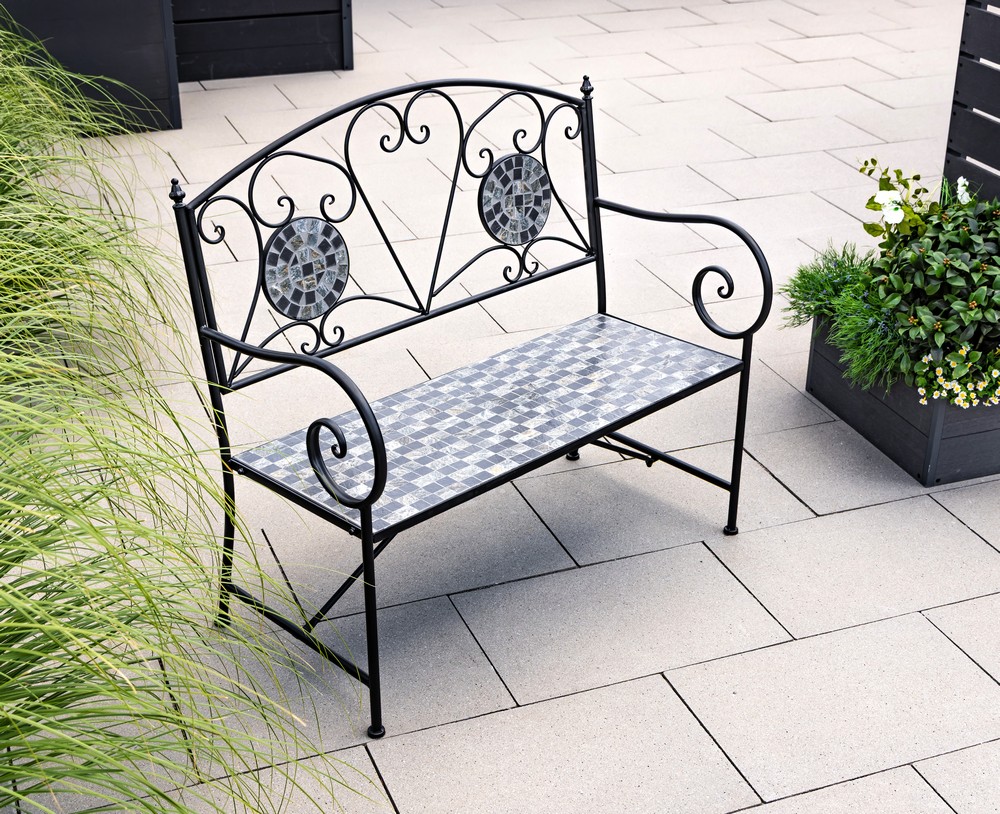 Set mobilier de gradina Gismo, 4 piese, masa cu blat din mozaic ceramic cu aspect de piatra naturala, banca pentru 2 persoane si 2 scaune pliabile pentru economisirea spatiului, masa 120x60x75 cm, negru - imagine 2