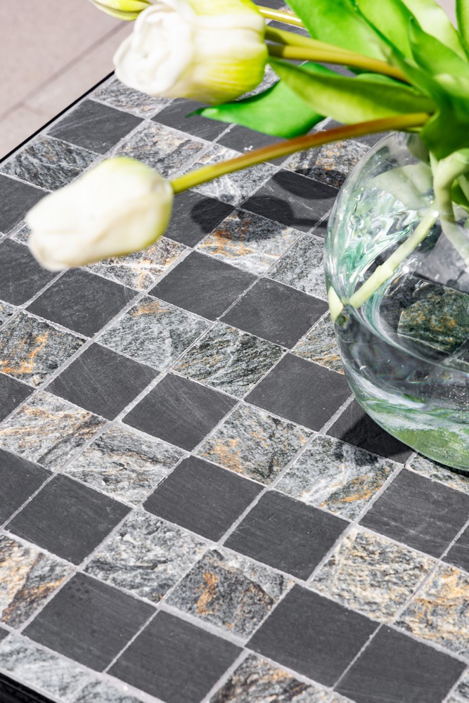 Set mobilier de gradina Gismo, 4 piese, masa cu blat din mozaic ceramic cu aspect de piatra naturala, banca pentru 2 persoane si 2 scaune pliabile pentru economisirea spatiului, masa 120x60x75 cm, negru - imagine 15
