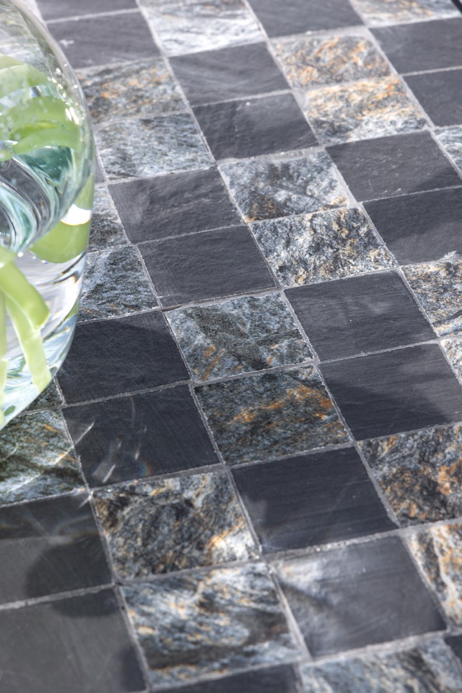 Set mobilier de gradina Gismo, 4 piese, masa cu blat din mozaic ceramic cu aspect de piatra naturala, banca pentru 2 persoane si 2 scaune pliabile pentru economisirea spatiului, masa 120x60x75 cm, negru - imagine 16