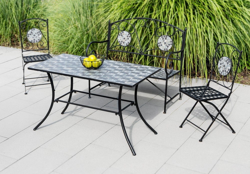 Set mobilier de gradina Gismo, 4 piese, masa cu blat din mozaic ceramic cu aspect de piatra naturala, banca pentru 2 persoane si 2 scaune pliabile pentru economisirea spatiului, masa 120x60x75 cm, negru - imagine 17