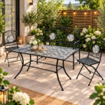 Set mobilier de gradina Gismo, 4 piese, masa cu blat din mozaic ceramic cu aspect de piatra naturala, banca pentru 2 persoane si 2 scaune pliabile pentru economisirea spatiului, masa 120x60x75 cm, negru