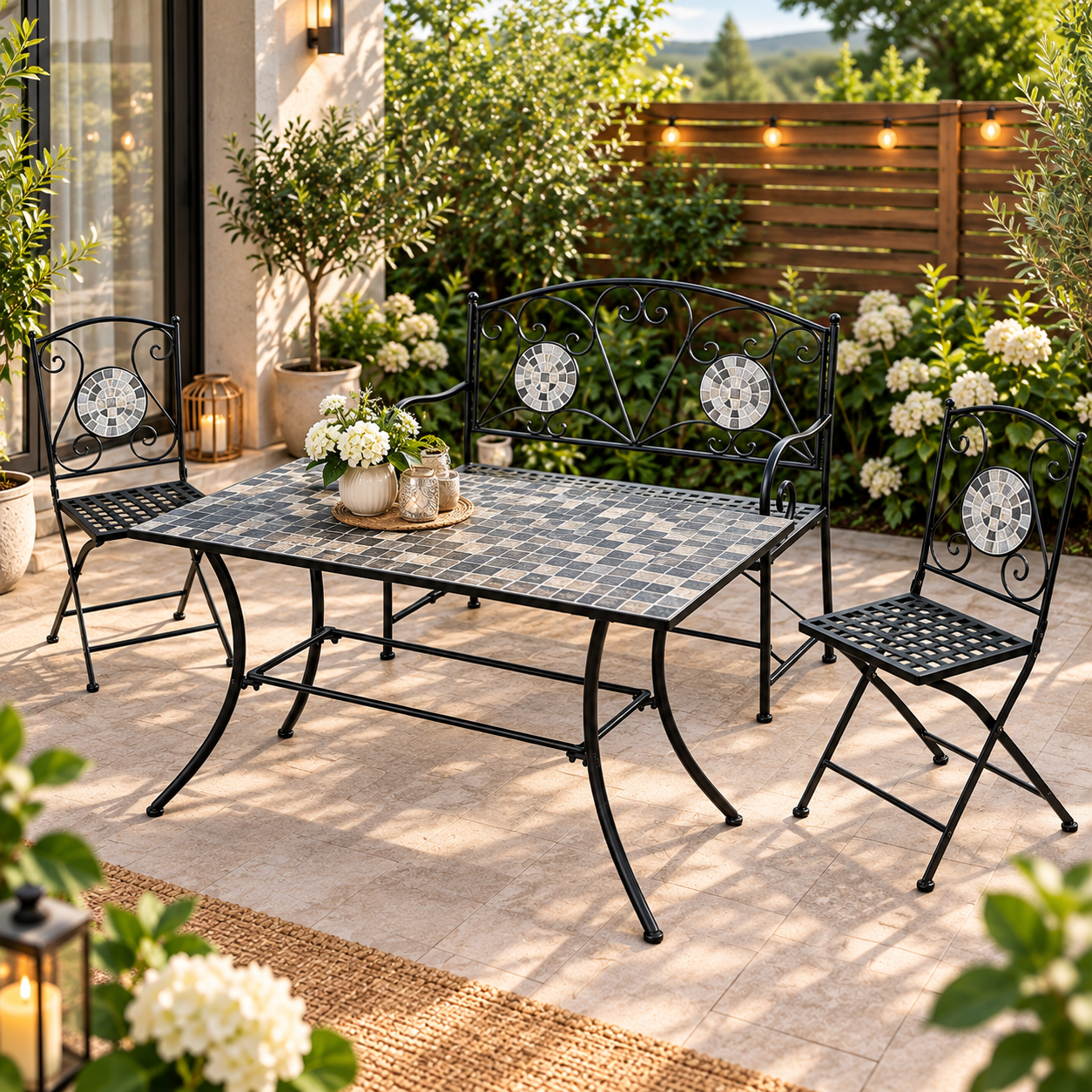 Set mobilier de gradina Gismo, 4 piese, masa cu blat din mozaic ceramic cu aspect de piatra naturala, banca pentru 2 persoane si 2 scaune pliabile pentru economisirea spatiului, masa 120x60x75 cm, negru