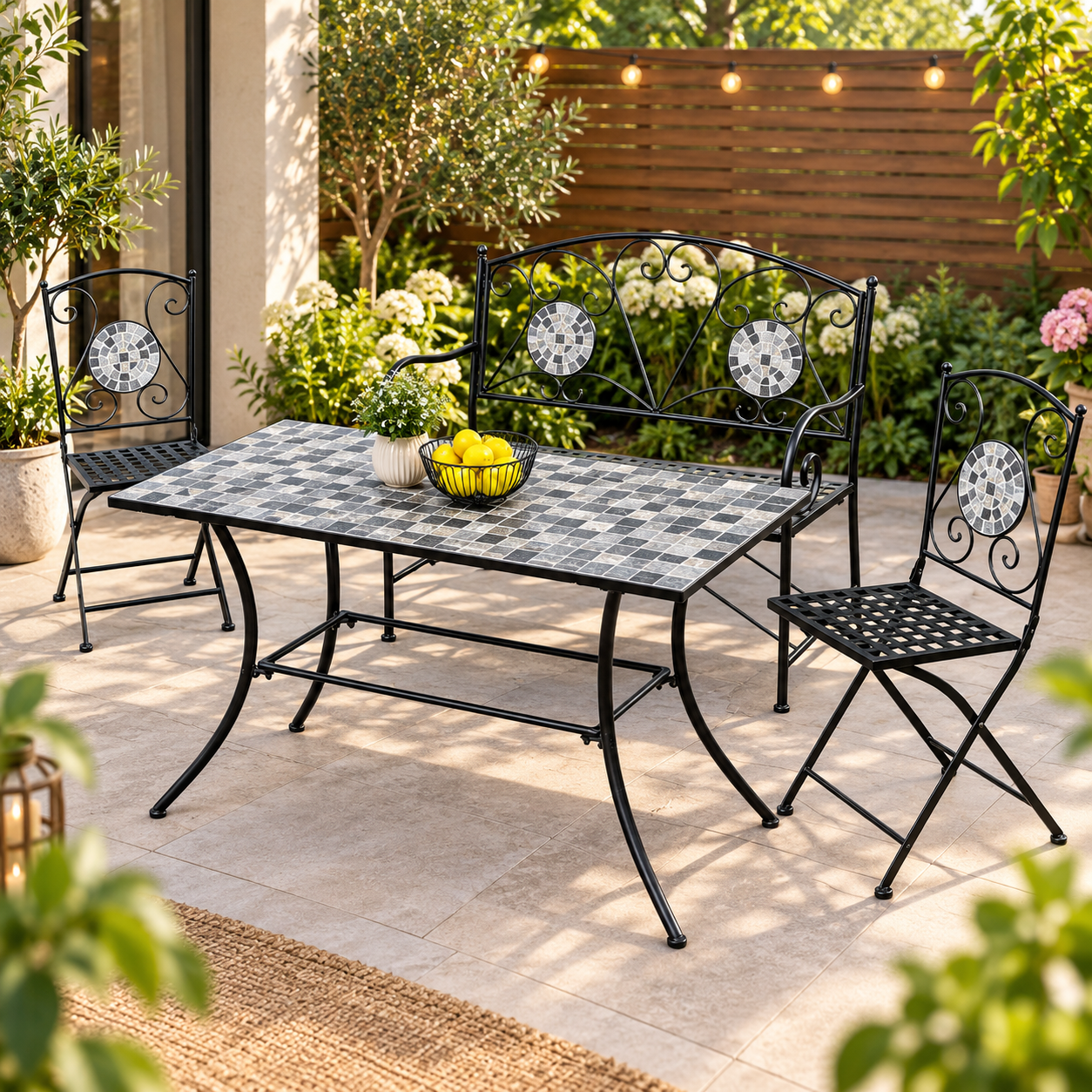 Set mobilier de gradina Gismo, 4 piese, masa cu blat din mozaic ceramic cu aspect de piatra naturala, banca pentru 2 persoane si 2 scaune pliabile pentru economisirea spatiului, masa 120x60x75 cm, negru - imagine 5