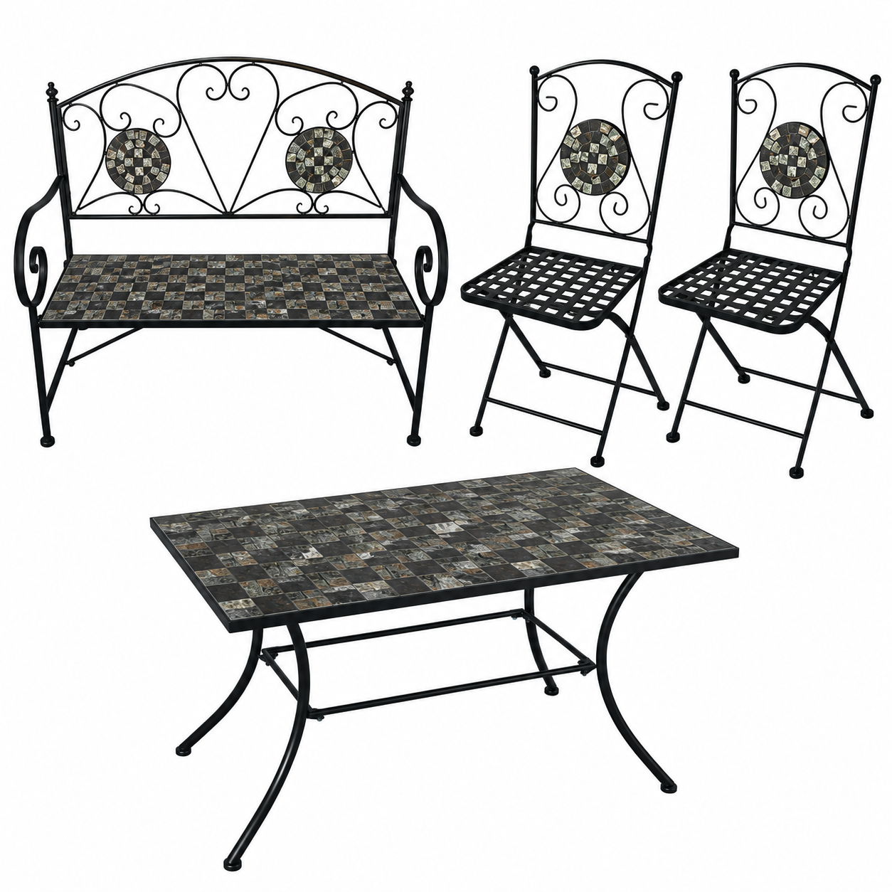 Set mobilier de gradina Gismo, 4 piese, masa cu blat din mozaic ceramic cu aspect de piatra naturala, banca pentru 2 persoane si 2 scaune pliabile pentru economisirea spatiului, masa 120x60x75 cm, negru - imagine 18