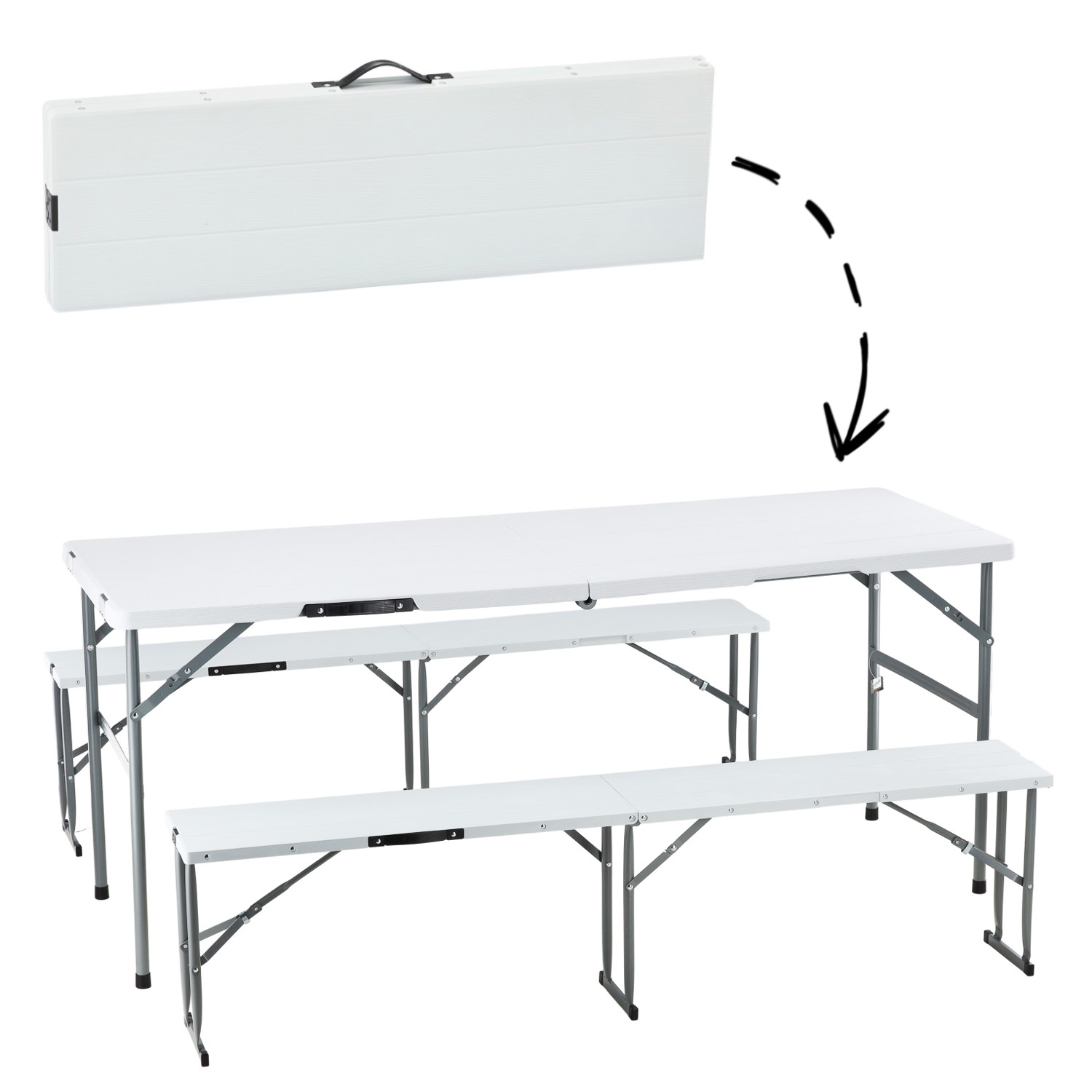 Set masa si banci pliabile pentru camping si evenimente, 3 piese, cu 2 banci care se depoziteaza in interiorul mesei pliate pentru economisirea spatiului, masa 178x66 cm si banci 160x25 cm, alb si gri - imagine 3