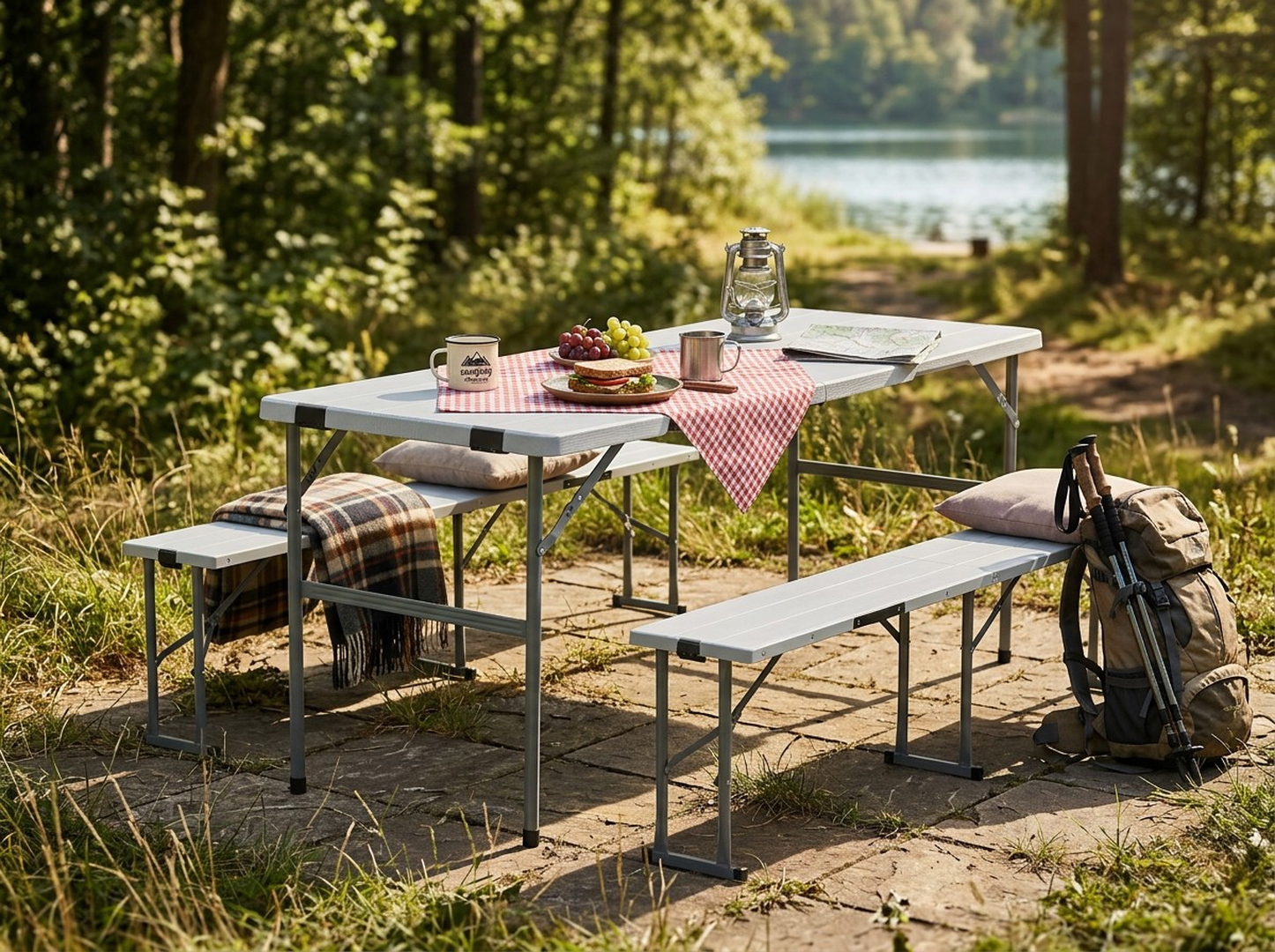 Set masa si banci pliabile pentru camping si evenimente, 3 piese, cu 2 banci care se depoziteaza in interiorul mesei pliate pentru economisirea spatiului, masa 178x66 cm si banci 160x25 cm, alb si gri - imagine 12