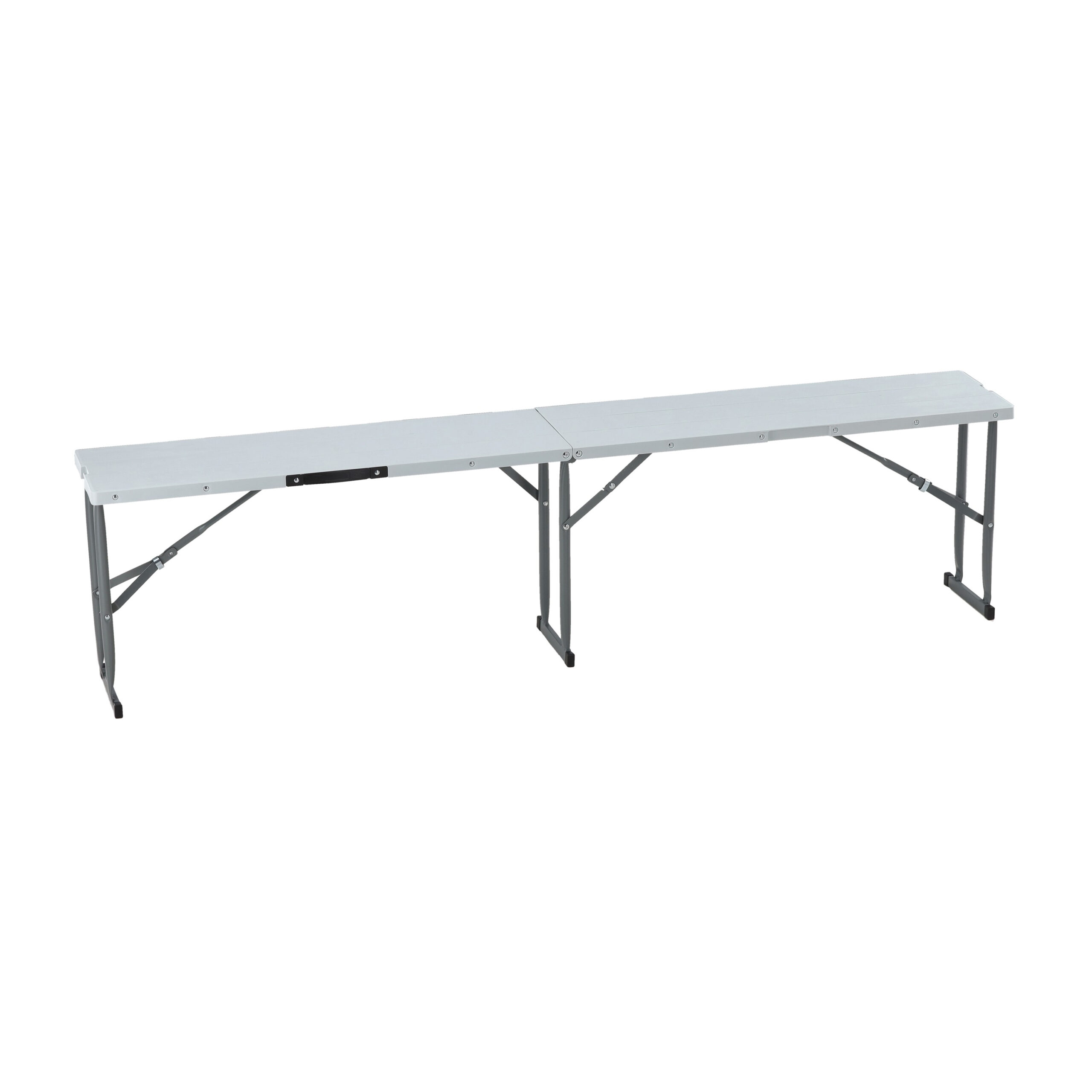 Set masa si banci pliabile pentru camping si evenimente, 3 piese, cu 2 banci care se depoziteaza in interiorul mesei pliate pentru economisirea spatiului, masa 178x66 cm si banci 160x25 cm, alb si gri - imagine 6