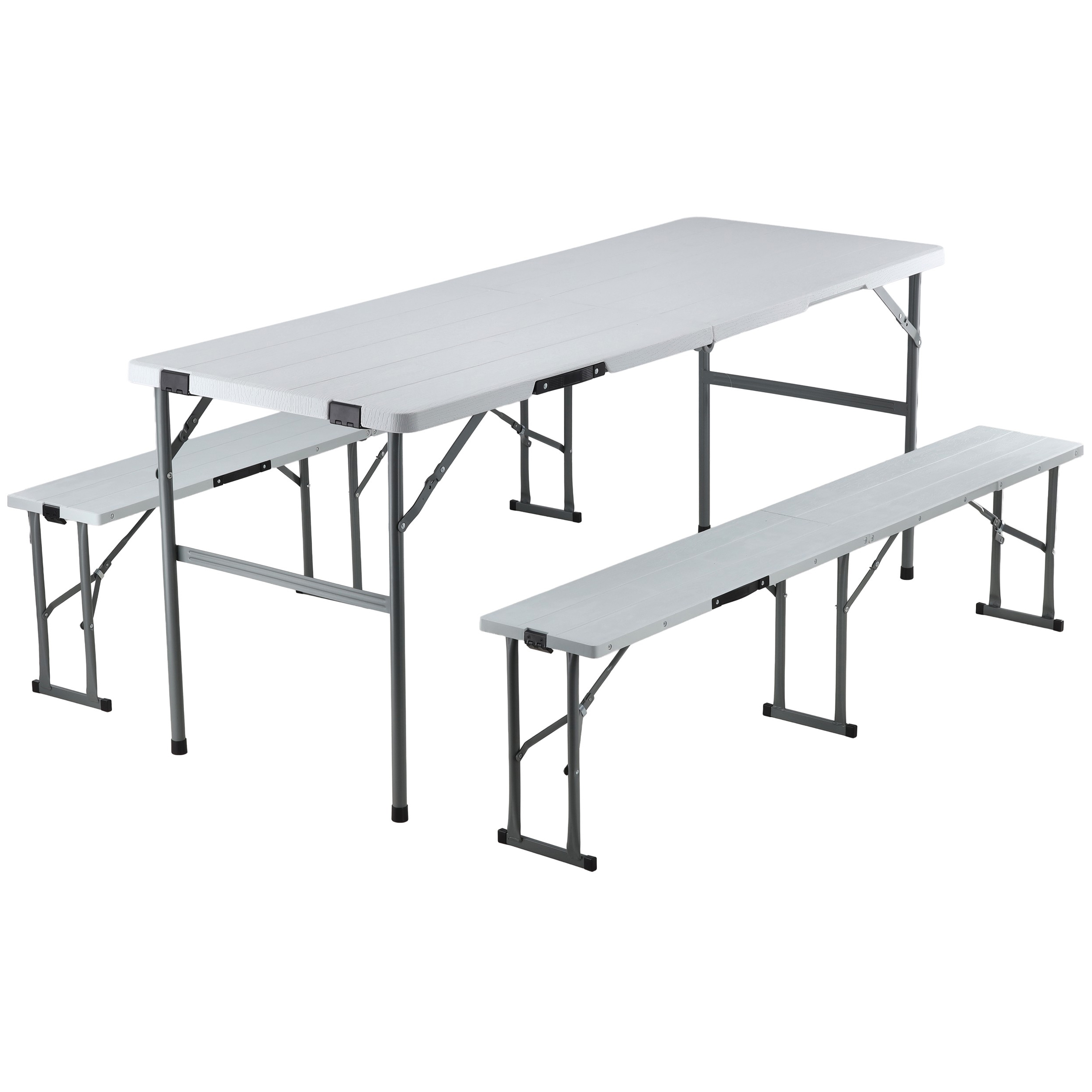 Set masa si banci pliabile pentru camping si evenimente, 3 piese, cu 2 banci care se depoziteaza in interiorul mesei pliate pentru economisirea spatiului, masa 178x66 cm si banci 160x25 cm, alb si gri - imagine 2