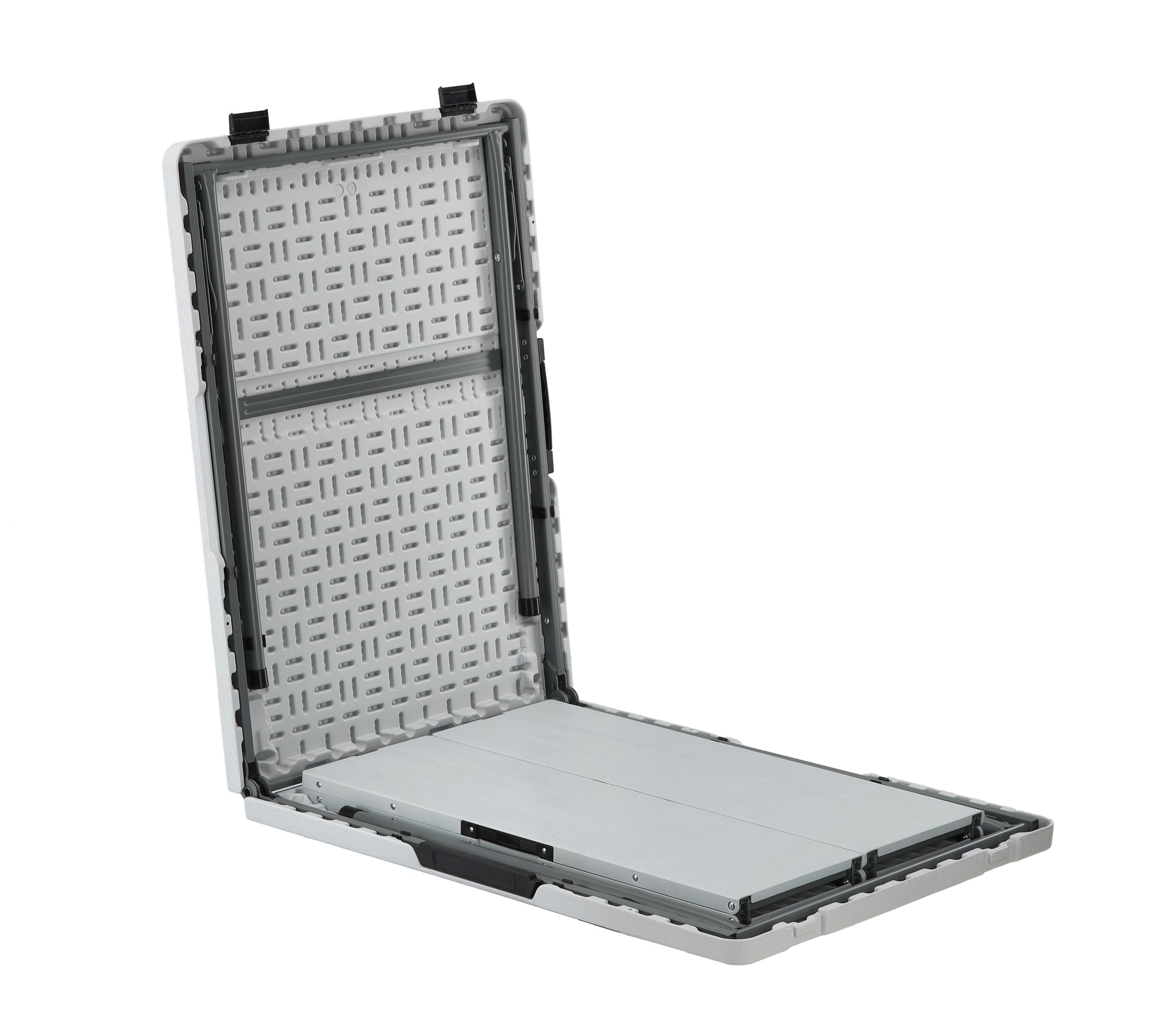 Set masa si banci pliabile pentru camping si evenimente, 3 piese, cu 2 banci care se depoziteaza in interiorul mesei pliate pentru economisirea spatiului, masa 178x66 cm si banci 160x25 cm, alb si gri - imagine 9