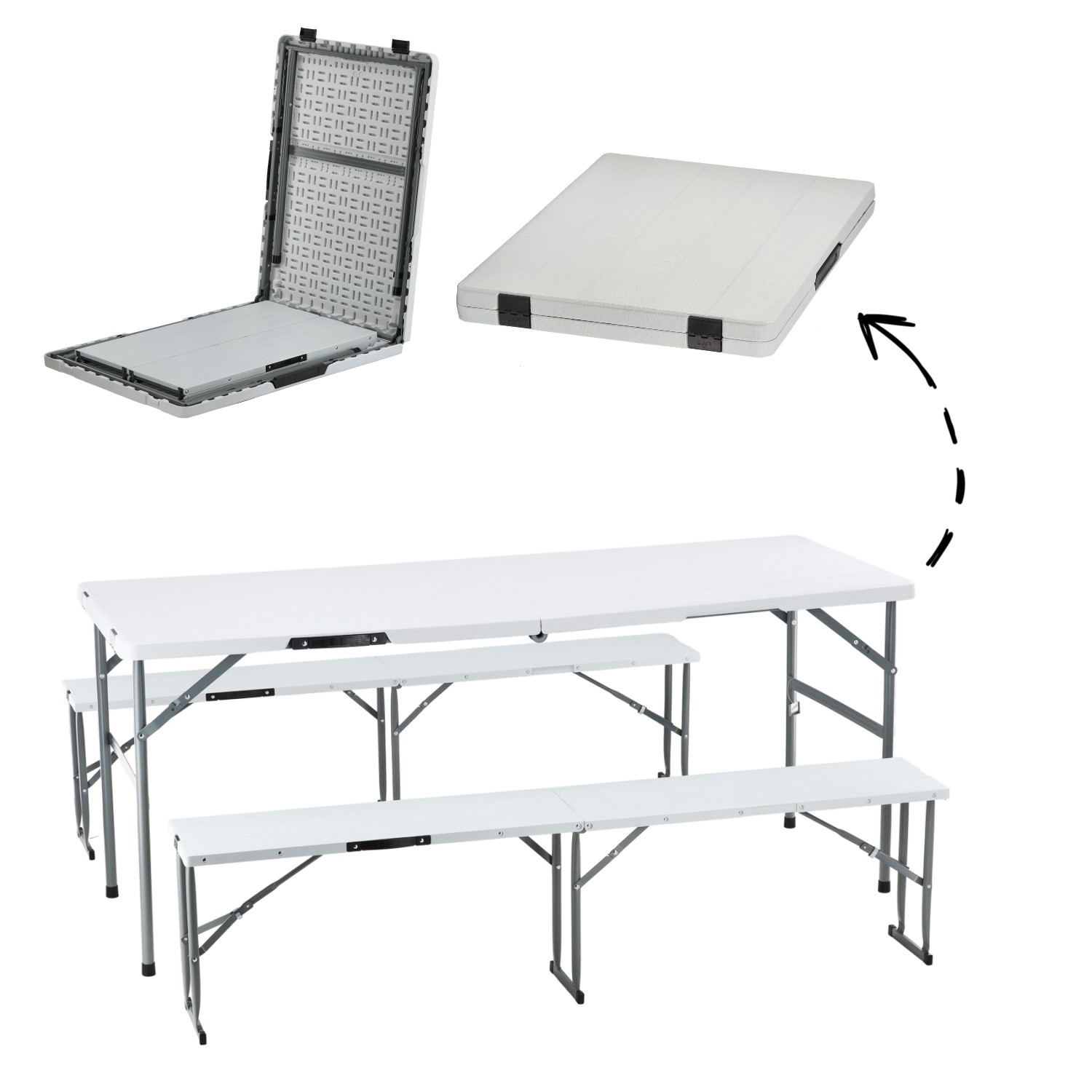 Set masa si banci pliabile pentru camping si evenimente, 3 piese, cu 2 banci care se depoziteaza in interiorul mesei pliate pentru economisirea spatiului, masa 178x66 cm si banci 160x25 cm, alb si gri - imagine 10