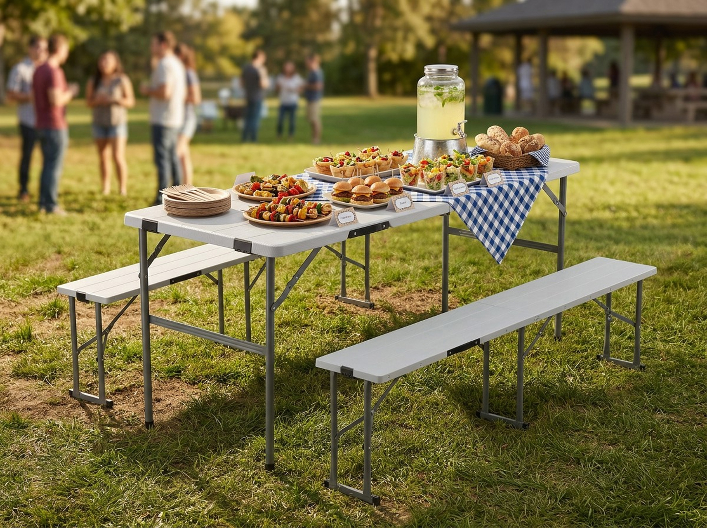Set masa si banci pliabile pentru camping si evenimente, 3 piese, cu 2 banci care se depoziteaza in interiorul mesei pliate pentru economisirea spatiului, masa 178x66 cm si banci 160x25 cm, alb si gri - imagine 11