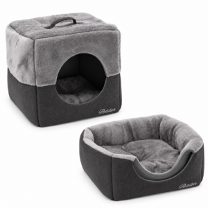 Culcus 2 in 1 pentru pisici si caini de talie mica, transformabil din casuta inchisa in patut deschis prin pliere, suprafata moale din blanita de poliester, baza din material Oxford, 40x40x40 cm