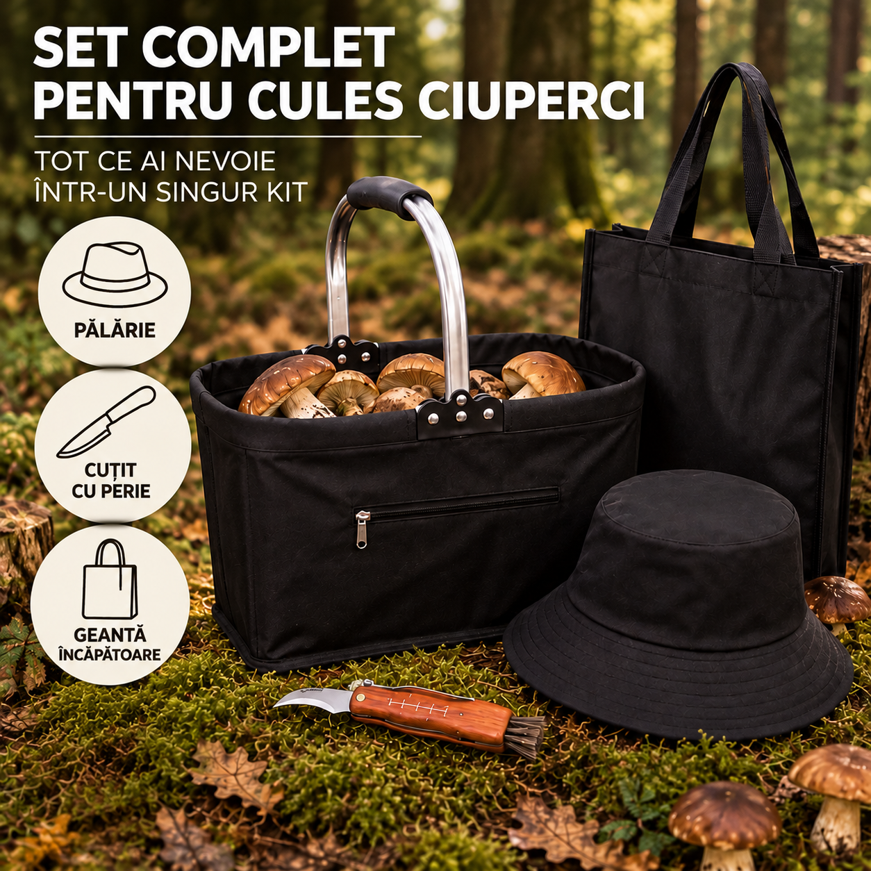 Set pentru cules ciuperci cu 4 accesorii, cos pliabil cu maner si baza rigidizata, geanta transport, palarie reversibila si cutit pliabil cu perie pentru curatarea ciupercilor, cos 41x22x27 cm, negru - imagine 2