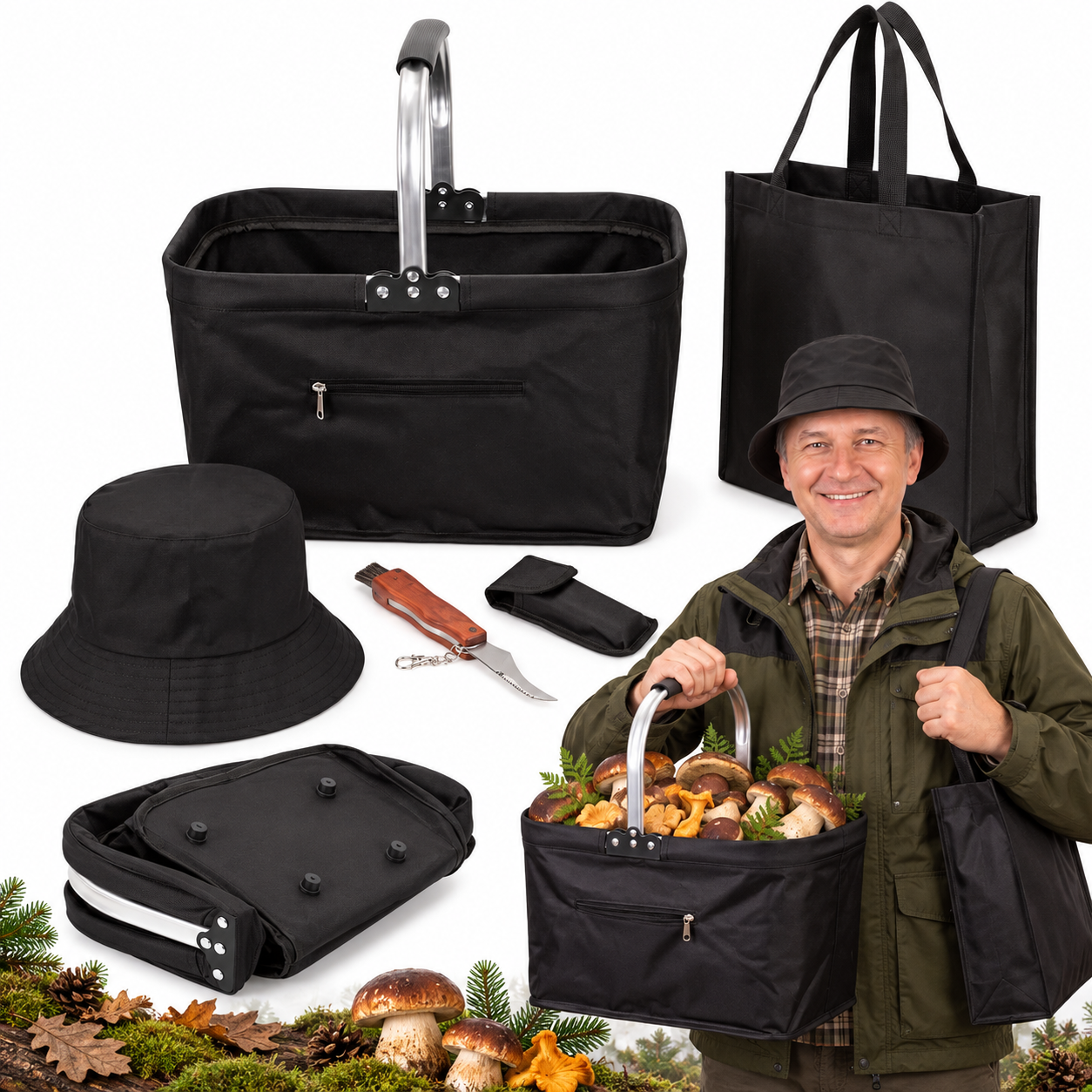 Set pentru cules ciuperci cu 4 accesorii, cos pliabil cu maner si baza rigidizata, geanta transport, palarie reversibila si cutit pliabil cu perie pentru curatarea ciupercilor, cos 41x22x27 cm, negru - imagine 4