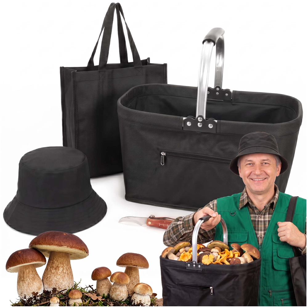 Set pentru cules ciuperci cu 4 accesorii, cos pliabil cu maner si baza rigidizata, geanta transport, palarie reversibila si cutit pliabil cu perie pentru curatarea ciupercilor, cos 41x22x27 cm, negru - imagine 3