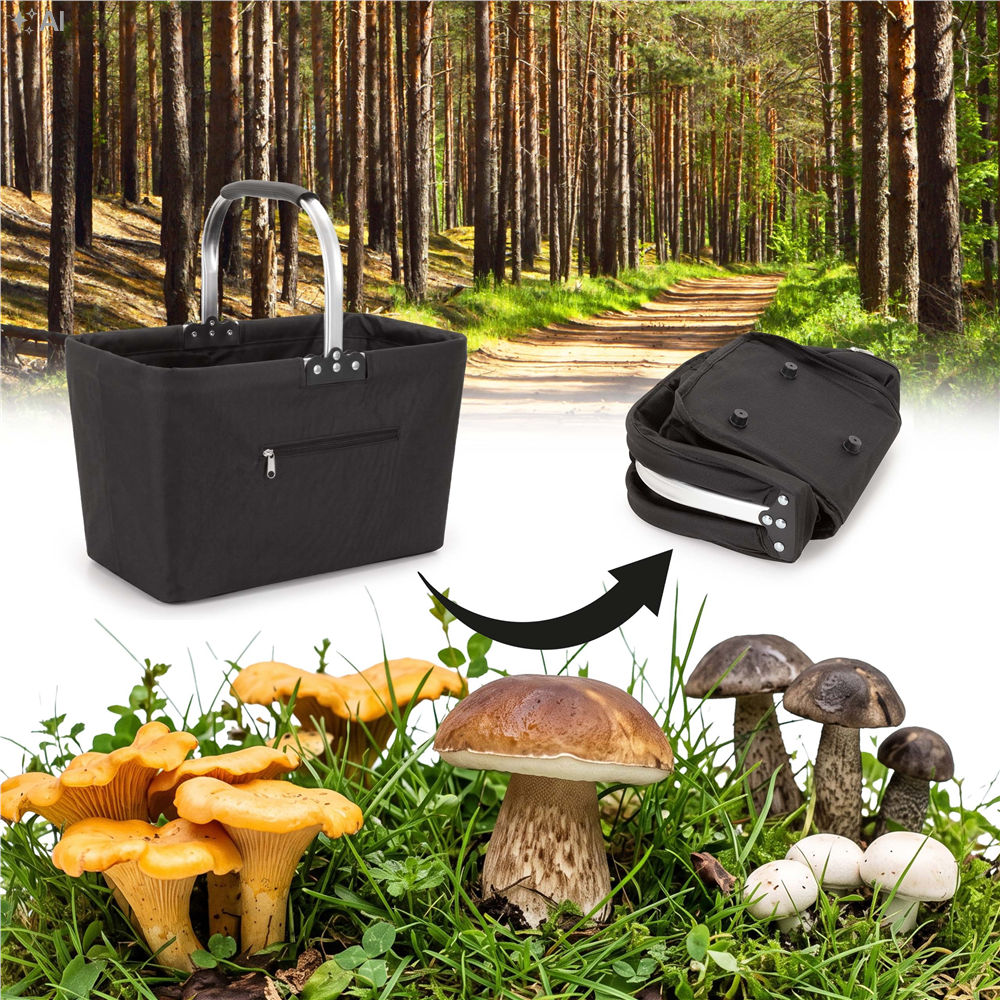 Set pentru cules ciuperci cu 4 accesorii, cos pliabil cu maner si baza rigidizata, geanta transport, palarie reversibila si cutit pliabil cu perie pentru curatarea ciupercilor, cos 41x22x27 cm, negru - imagine 29
