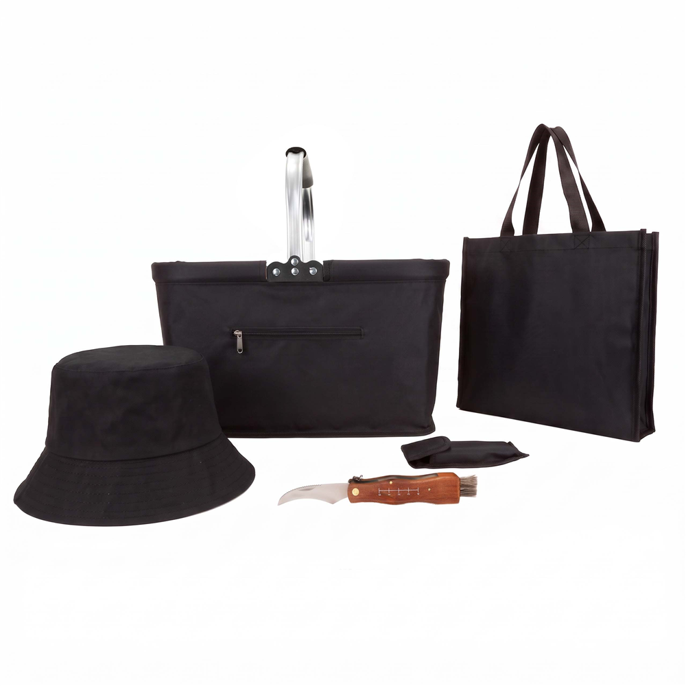 Set pentru cules ciuperci cu 4 accesorii, cos pliabil cu maner si baza rigidizata, geanta transport, palarie reversibila si cutit pliabil cu perie pentru curatarea ciupercilor, cos 41x22x27 cm, negru - imagine 5