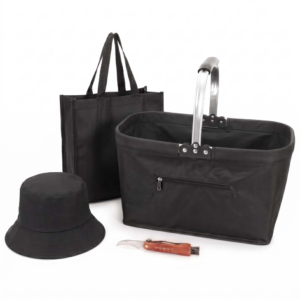 Set pentru cules ciuperci cu 4 accesorii, cos pliabil cu maner si baza rigidizata, geanta transport, palarie reversibila si cutit pliabil cu perie pentru curatarea ciupercilor, cos 41x22x27 cm, negru