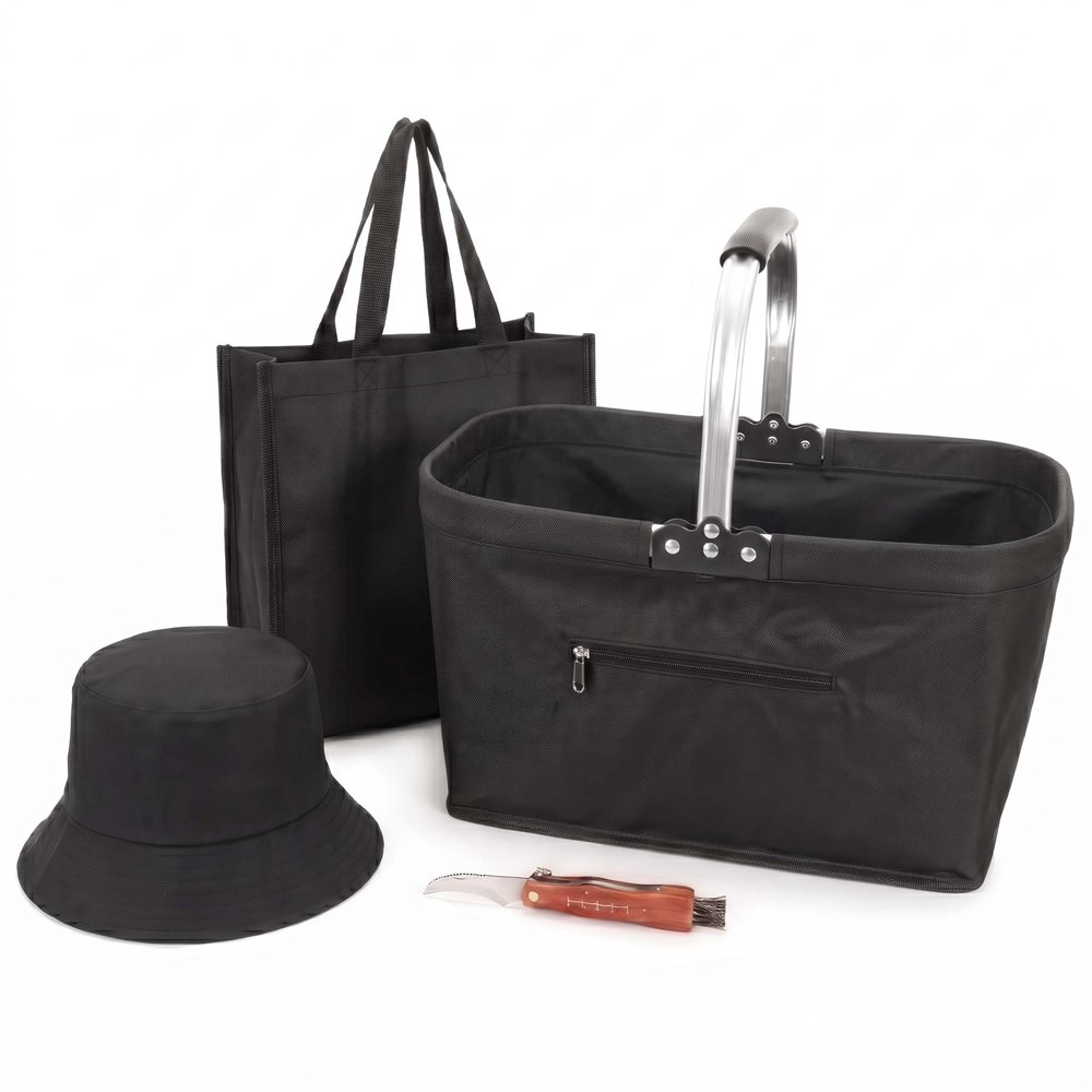 Set pentru cules ciuperci cu 4 accesorii, cos pliabil cu maner si baza rigidizata, geanta transport, palarie reversibila si cutit pliabil cu perie pentru curatarea ciupercilor, cos 41x22x27 cm, negru