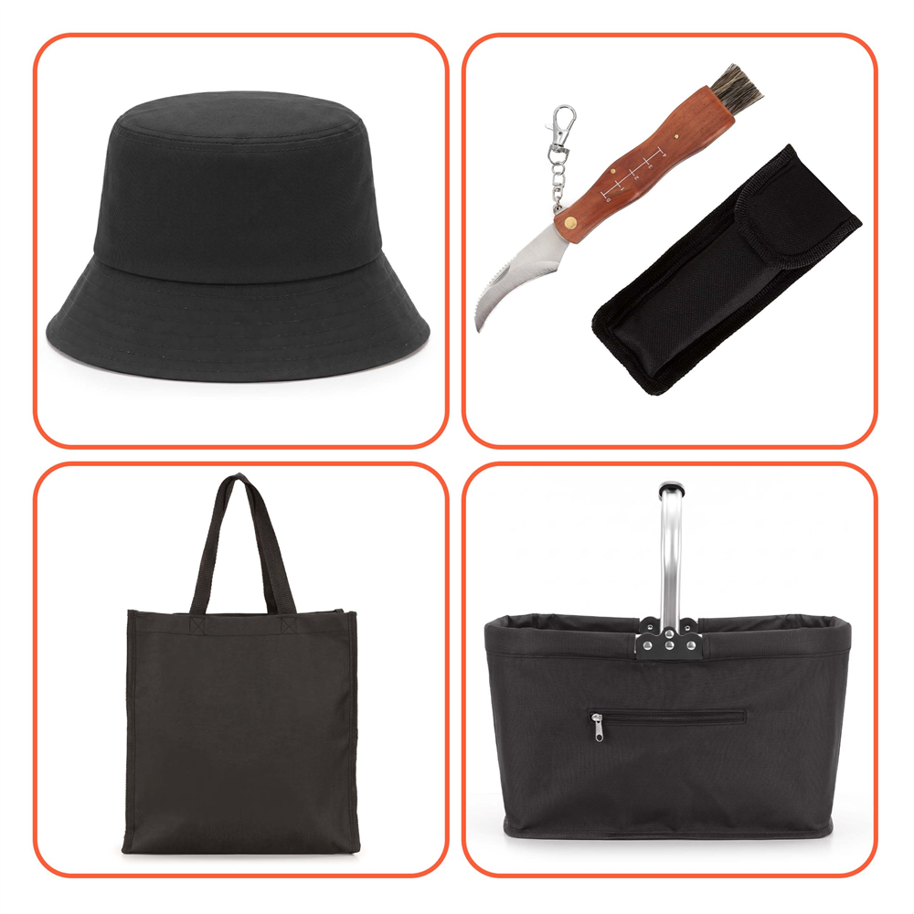 Set pentru cules ciuperci cu 4 accesorii, cos pliabil cu maner si baza rigidizata, geanta transport, palarie reversibila si cutit pliabil cu perie pentru curatarea ciupercilor, cos 41x22x27 cm, negru - imagine 8