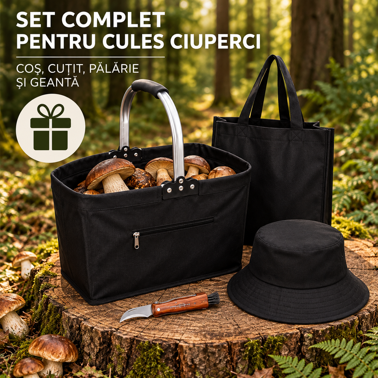 Set pentru cules ciuperci cu 4 accesorii, cos pliabil cu maner si baza rigidizata, geanta transport, palarie reversibila si cutit pliabil cu perie pentru curatarea ciupercilor, cos 41x22x27 cm, negru - imagine 11