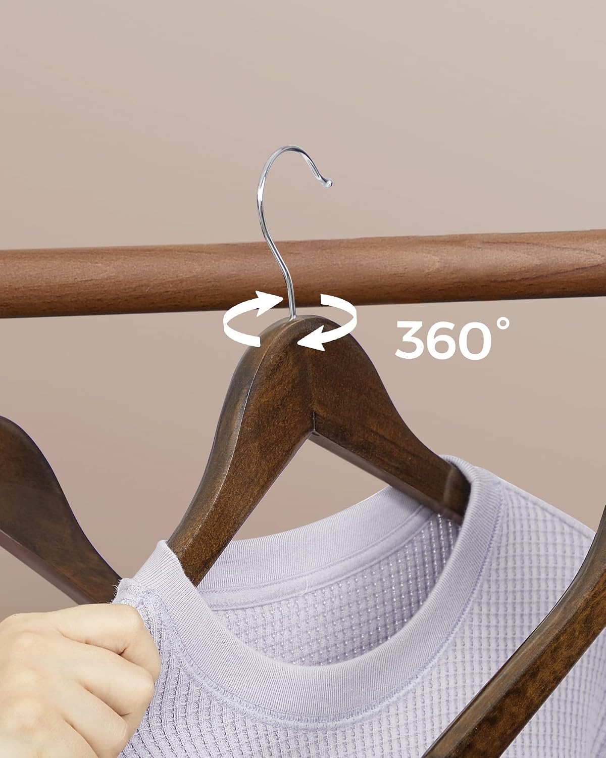 SONGMICS Set 20 umerase pentru organizarea hainelor in dressing, din lemn masiv de artar, bara antiderapanta pentru pantaloni, carlige rotative 360°, maro inchis - imagine 4