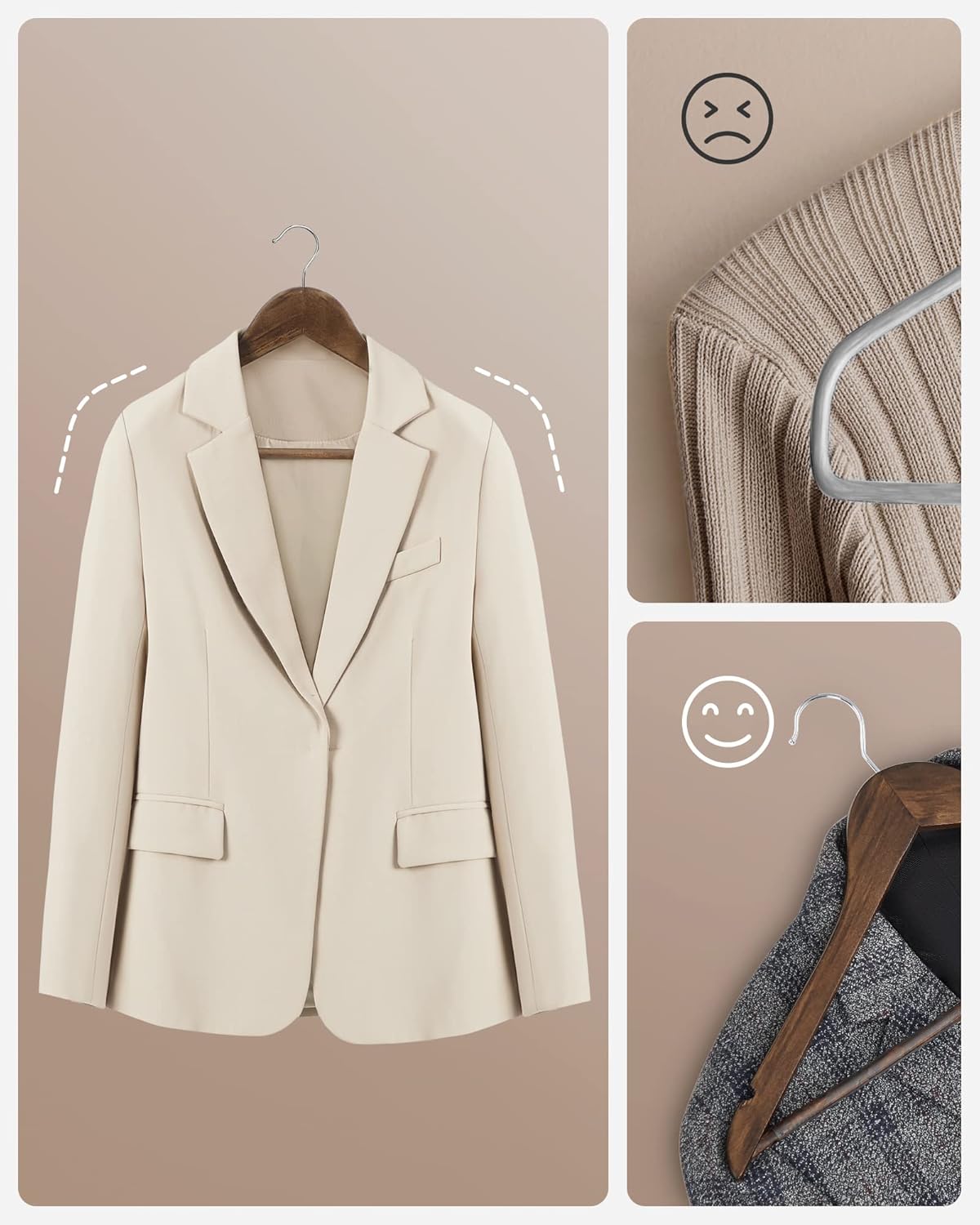 SONGMICS Set 20 umerase pentru organizarea hainelor in dressing, din lemn masiv de artar, bara antiderapanta pentru pantaloni, carlige rotative 360°, maro inchis - imagine 5